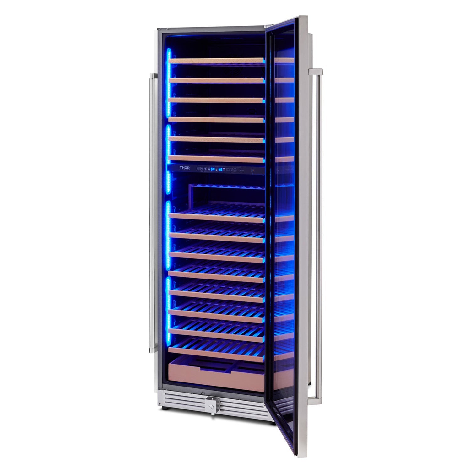 Freestanding stainless wine cooler with door open, wooden racks and bright blue interior LEDs