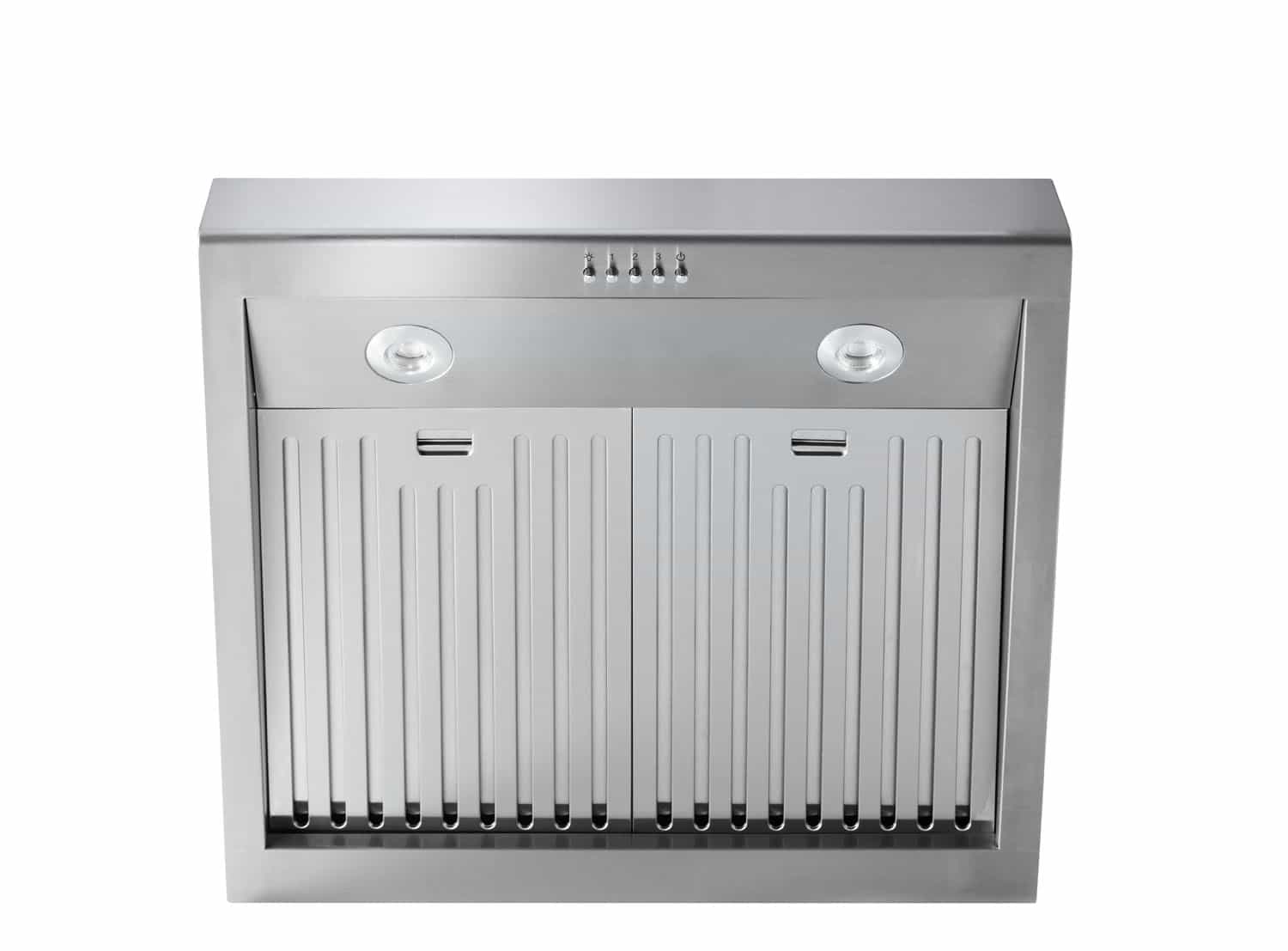 Stainless steel under-cabinet range hood with control panel and vent grille