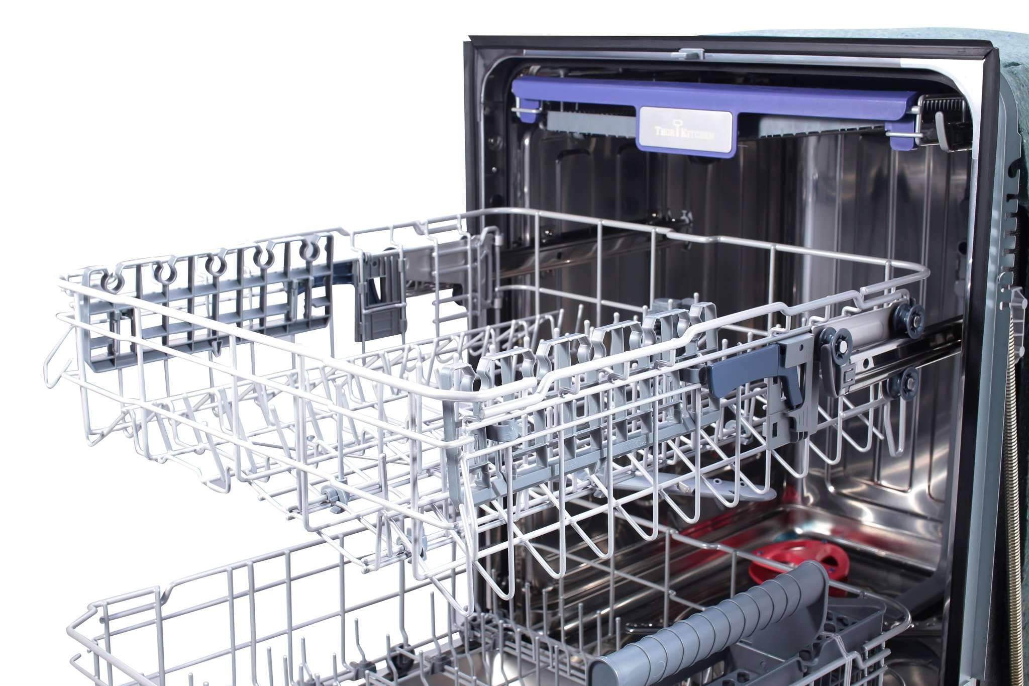 Stainless steel dishwasher interior with wire racks and utensil holders