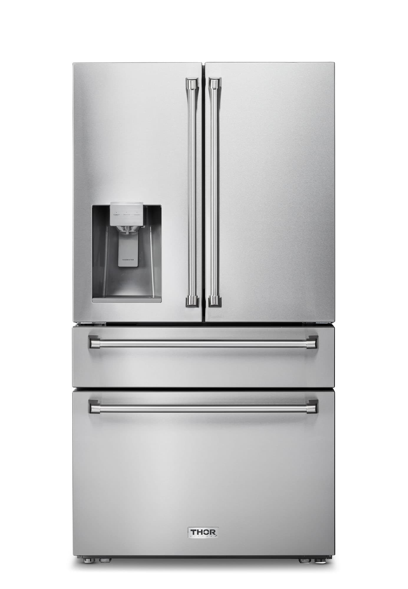Stainless steel French door refrigerator with water and ice dispenser