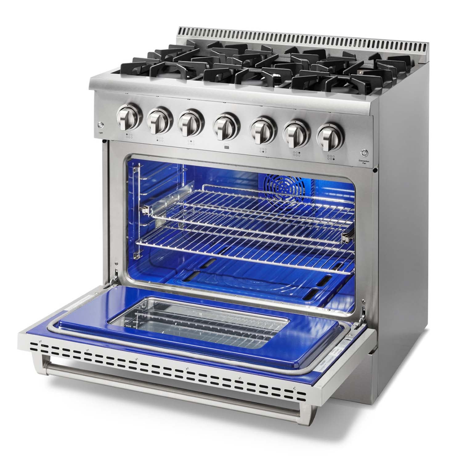 Stainless steel THOR range with oven door open and blue interior baking racks