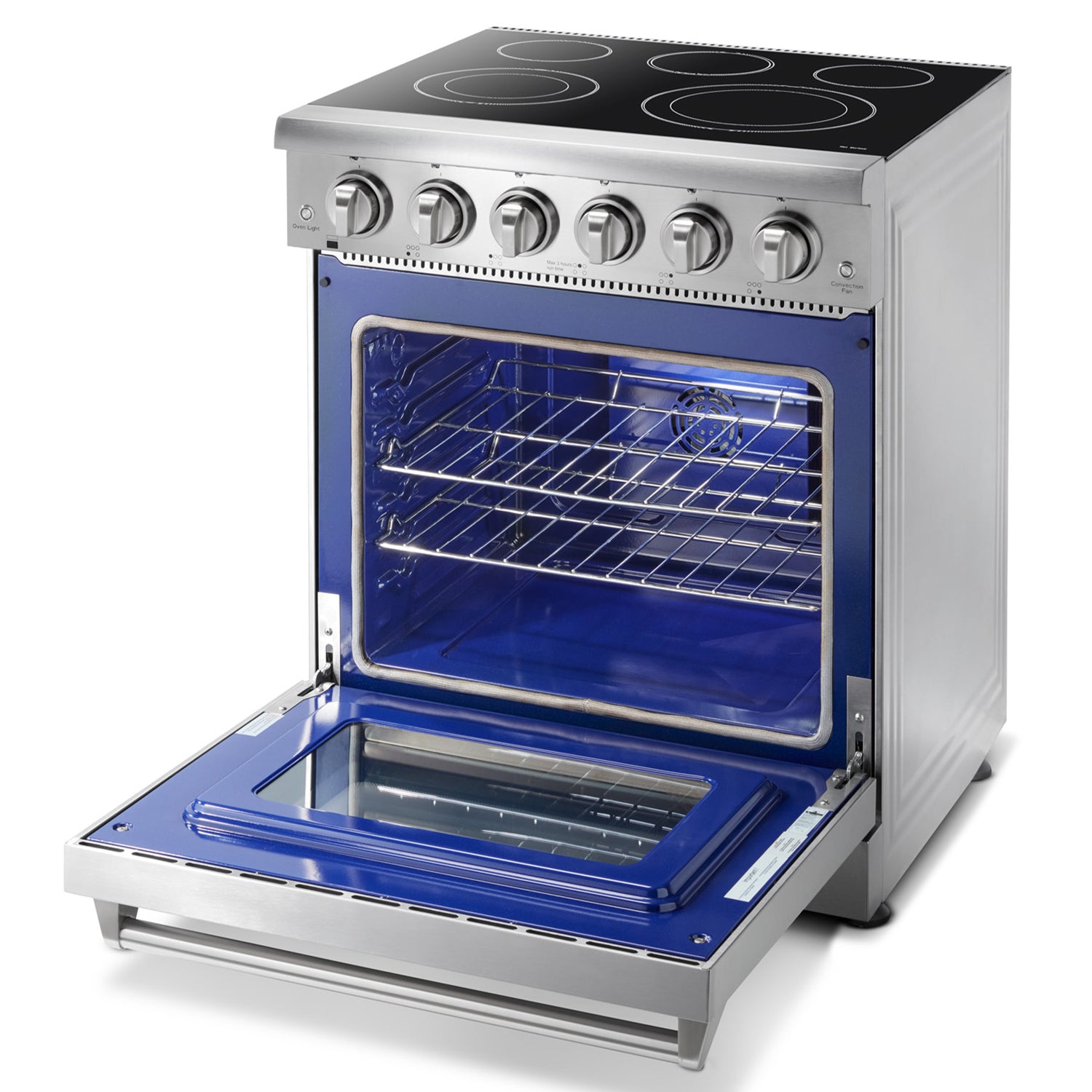 Stainless electric oven range with open door, wire rack, and blue interior