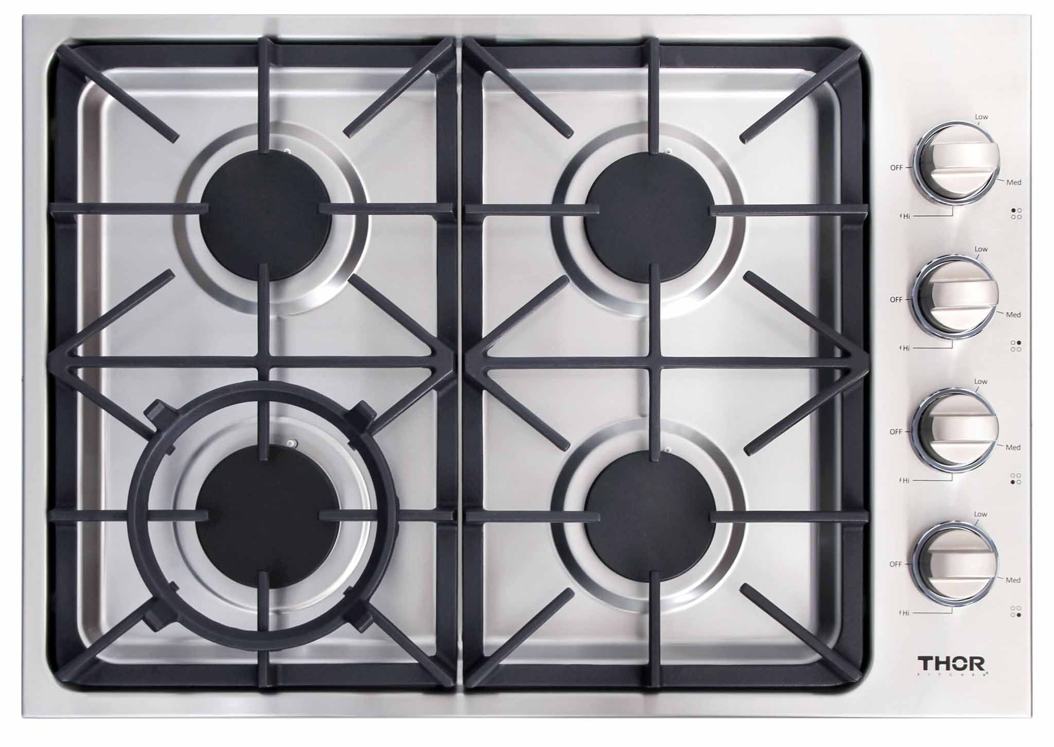Stainless gas cooktop with four burners, black grates, and silver control knobs