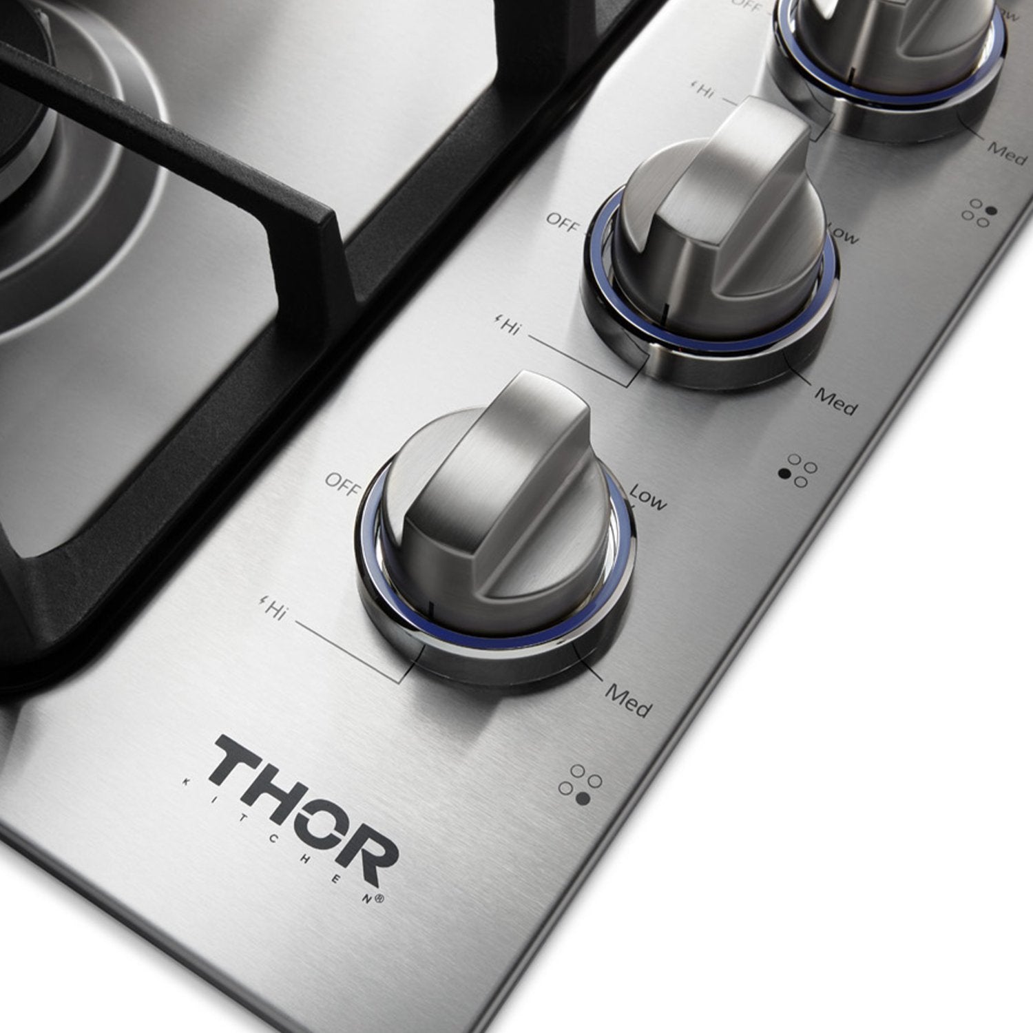 Stainless control panel with four knob settings and blue-lit indicator rings