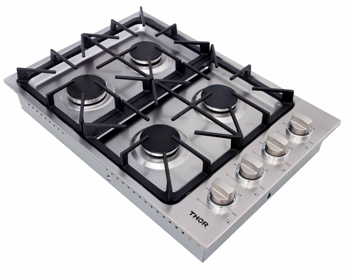 Stainless steel 30-inch gas cooktop with four black burner grates and Thor knobs