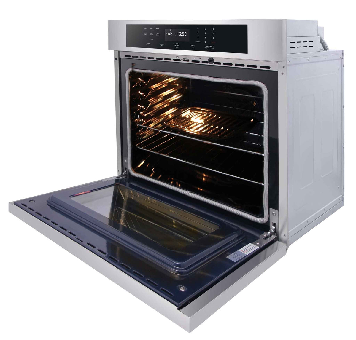Stainless electric wall oven with open door, exposed hinge, and illuminated interior cavity