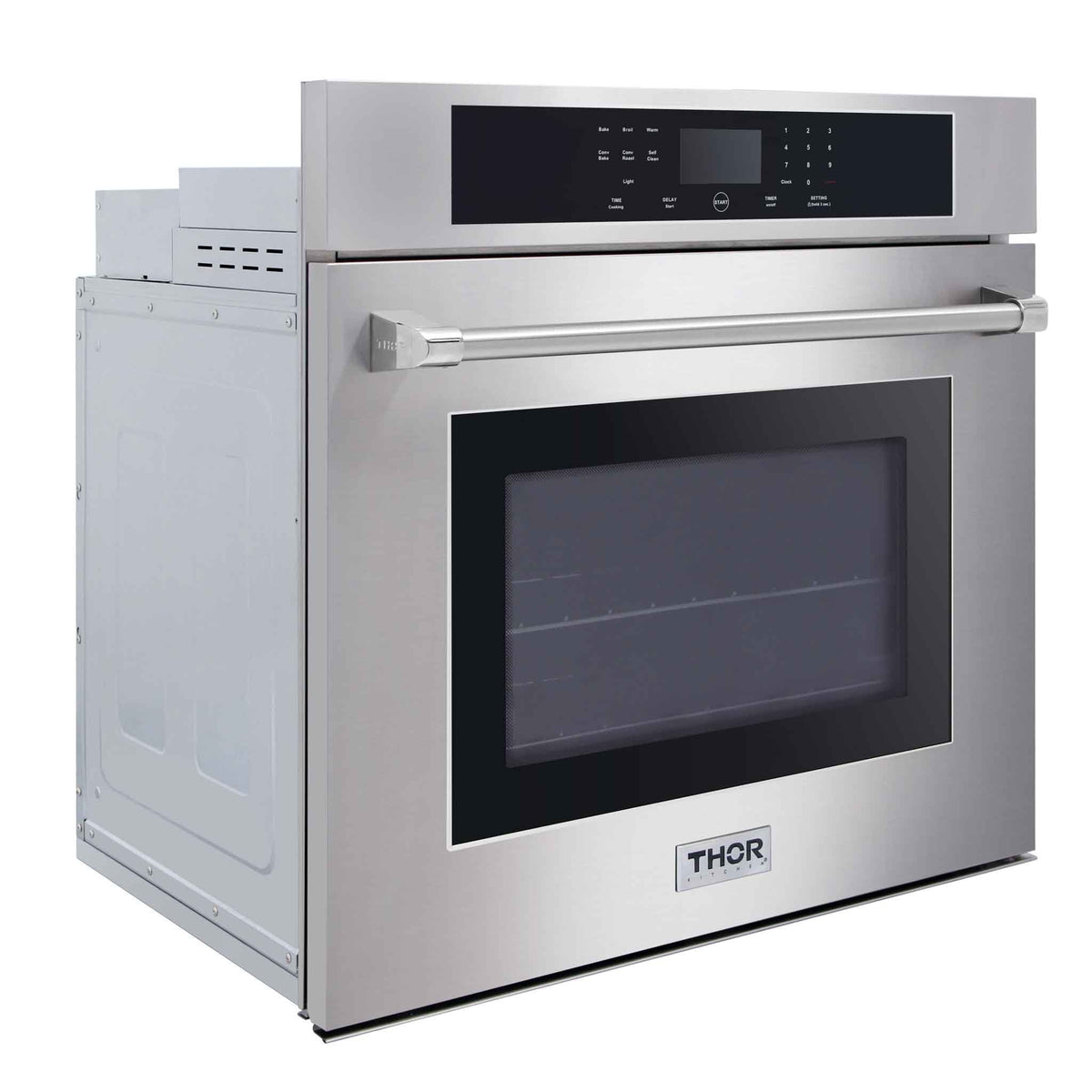 Stainless electric wall oven with glass door window and THOR logo on lower panel