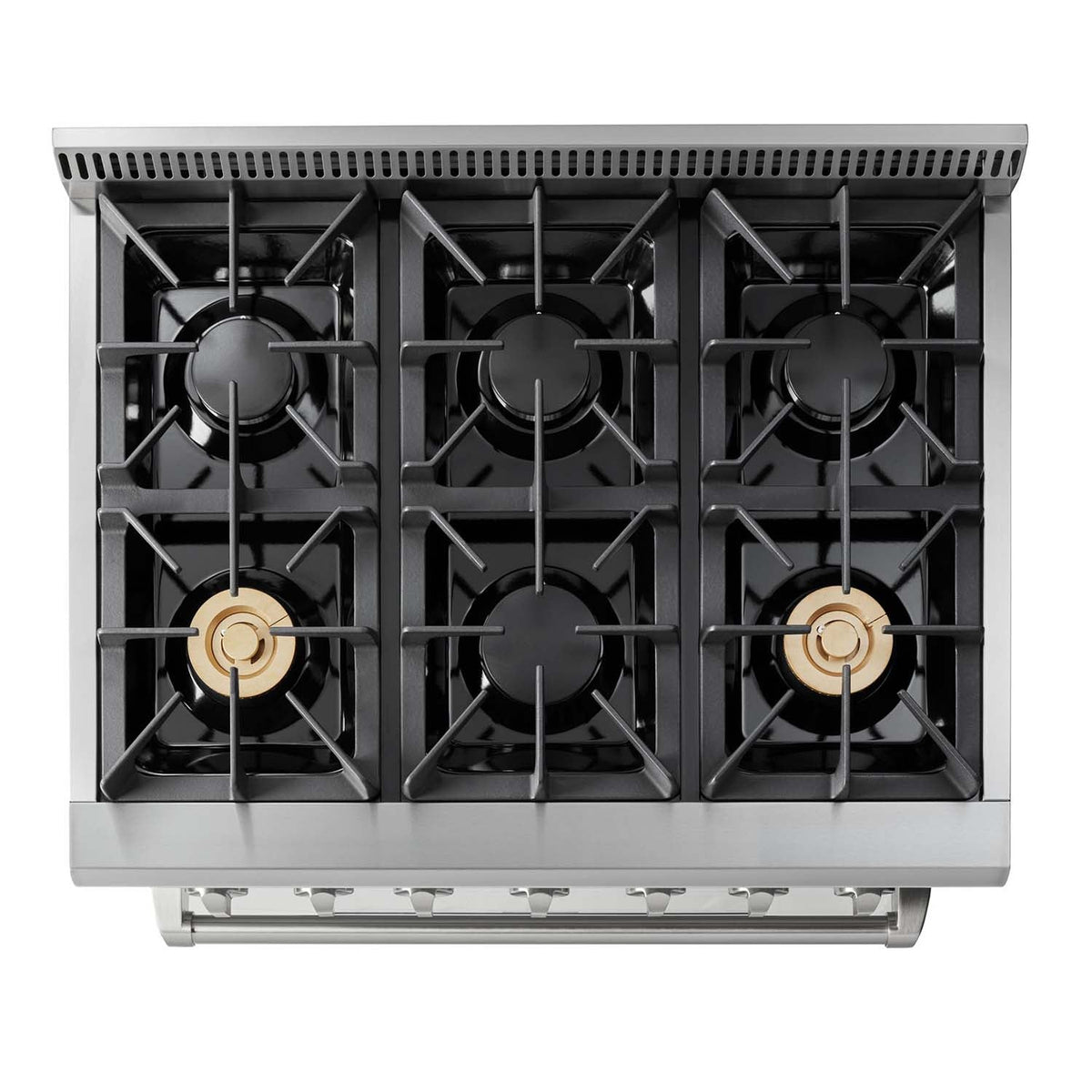 Stainless steel gas range cooktop with six black burner grates, top-down view
