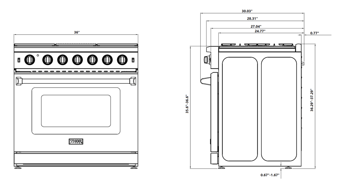 Technical dimension diagram for stainless steel gas range, front and top views