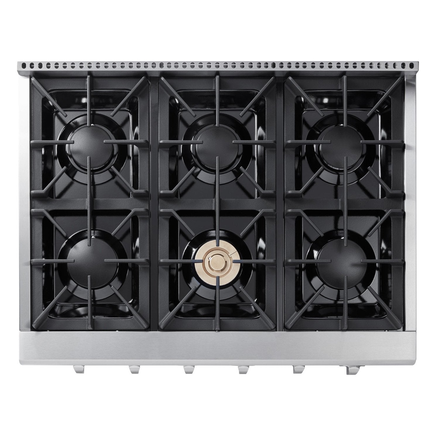 Stainless steel 6-burner gas cooktop with black burner grates and front control rings