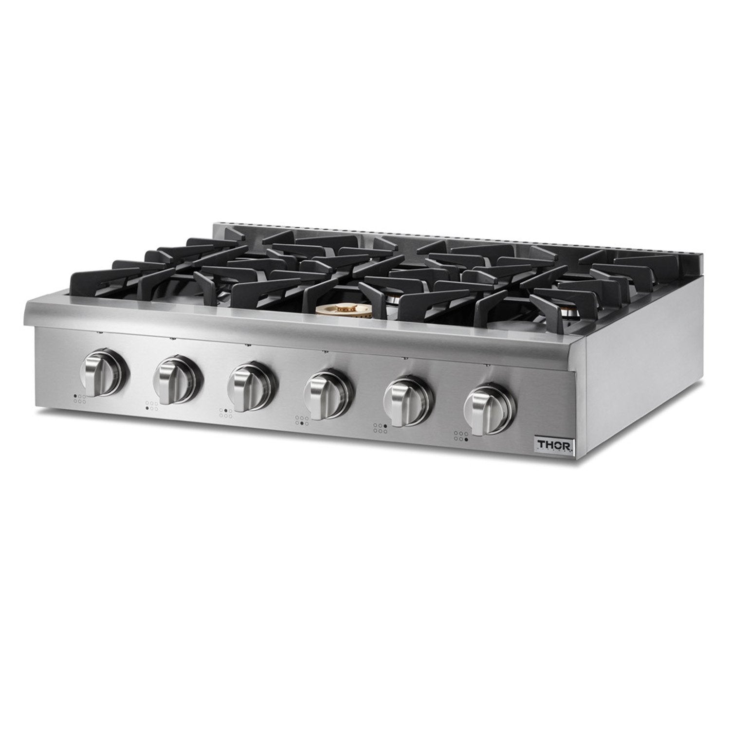 Stainless steel 6-burner gas cooktop with five visible control knobs and black grates