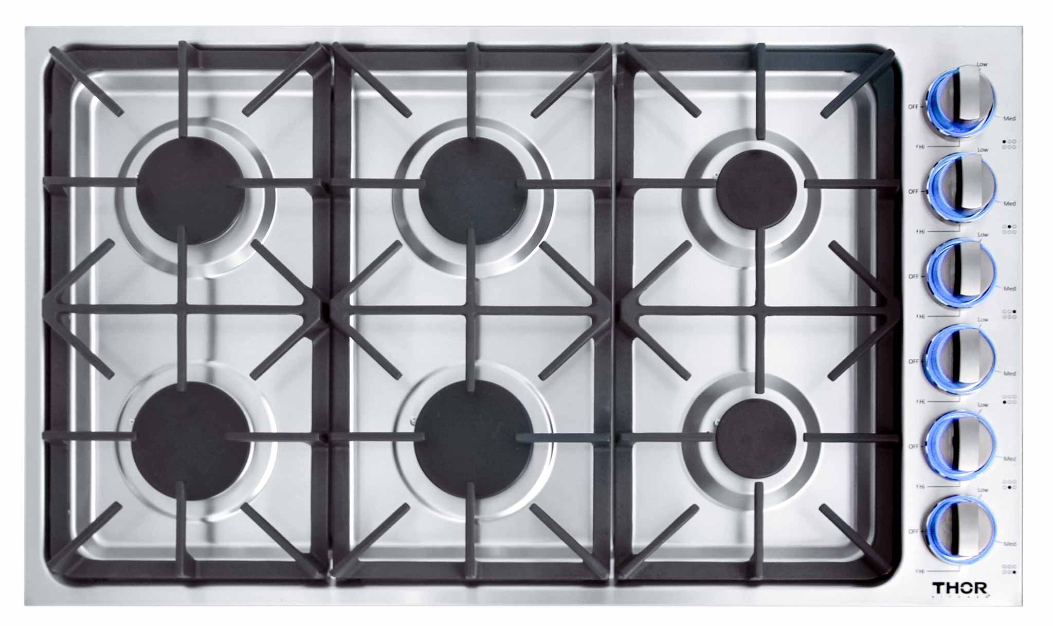 Stainless steel 6-burner gas cooktop front view with black grates and right-side knobs
