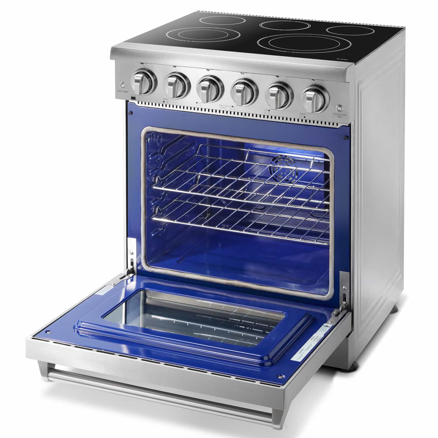 Stainless steel electric range with open blue-lit oven door and coil burners