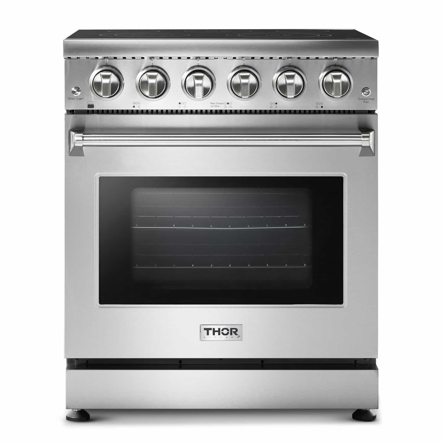 Stainless steel electric range with knobs and oven viewing window
