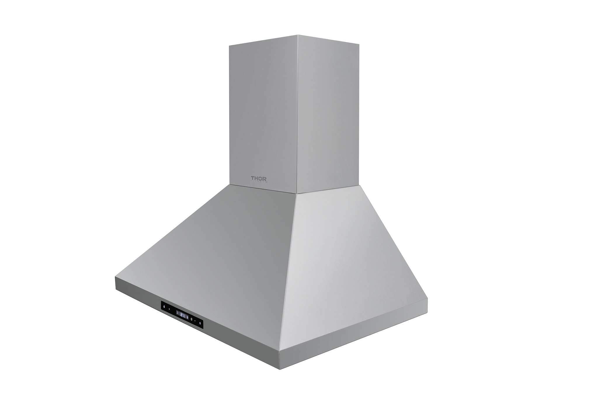 Stainless steel wall-mount range hood in angled view with black control panel