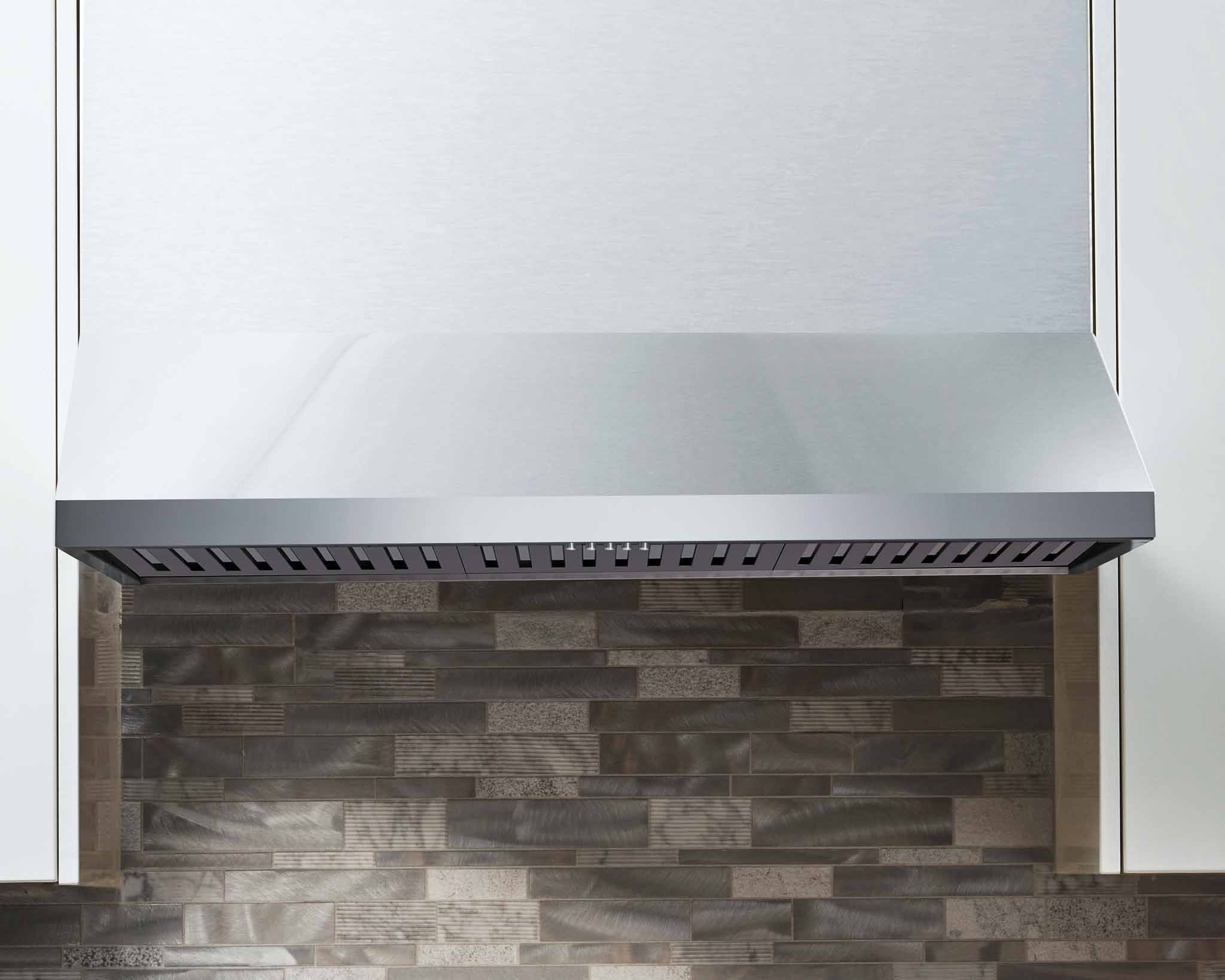 Stainless steel range hood underside with vent filter panels
