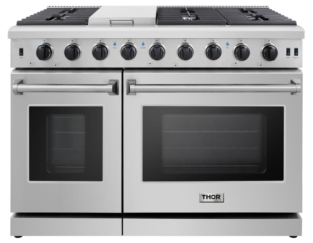 Stainless gas range with two oven doors and front control knob panel.