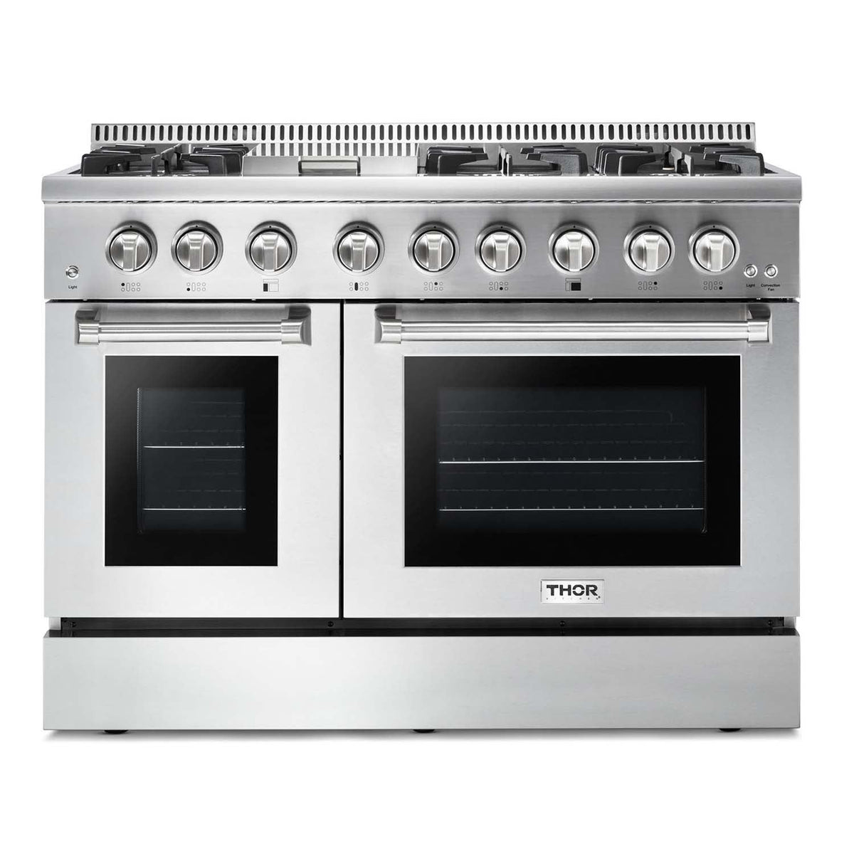 Stainless dual fuel range front view with knob row, gas grates, and two oven windows