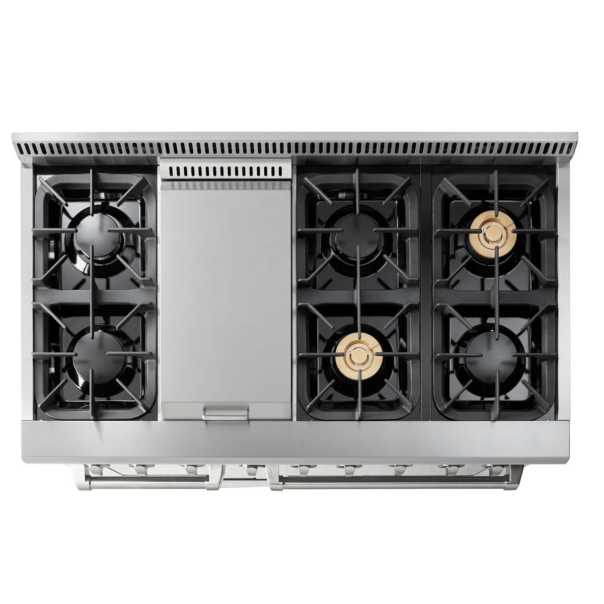 Stainless dual fuel range rear cooktop section with four visible burner grates