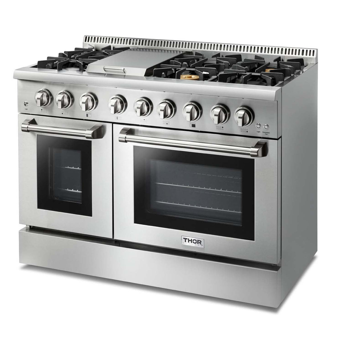 Stainless dual fuel range front with six knobs, gas grates, and two oven doors