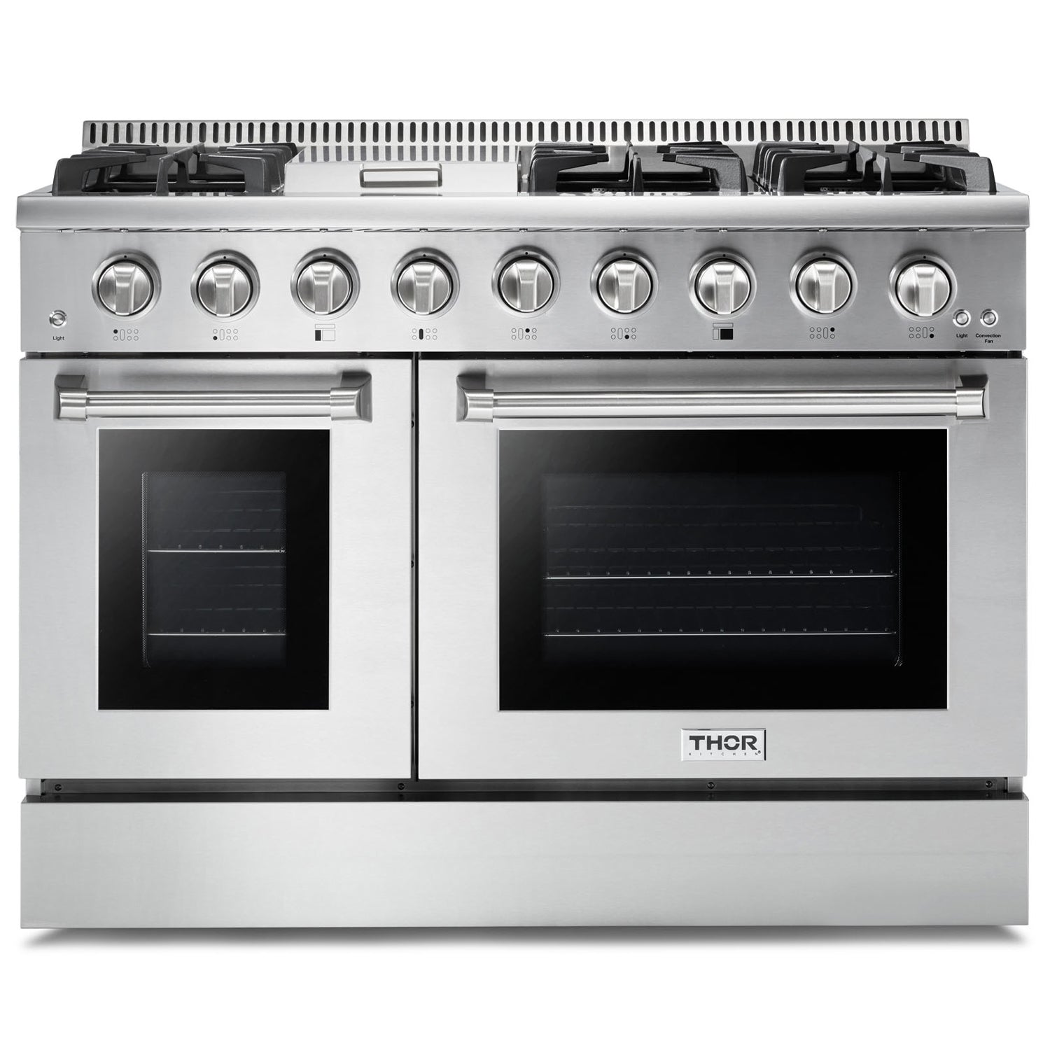 Stainless steel double-oven gas range with six burners and control knobs