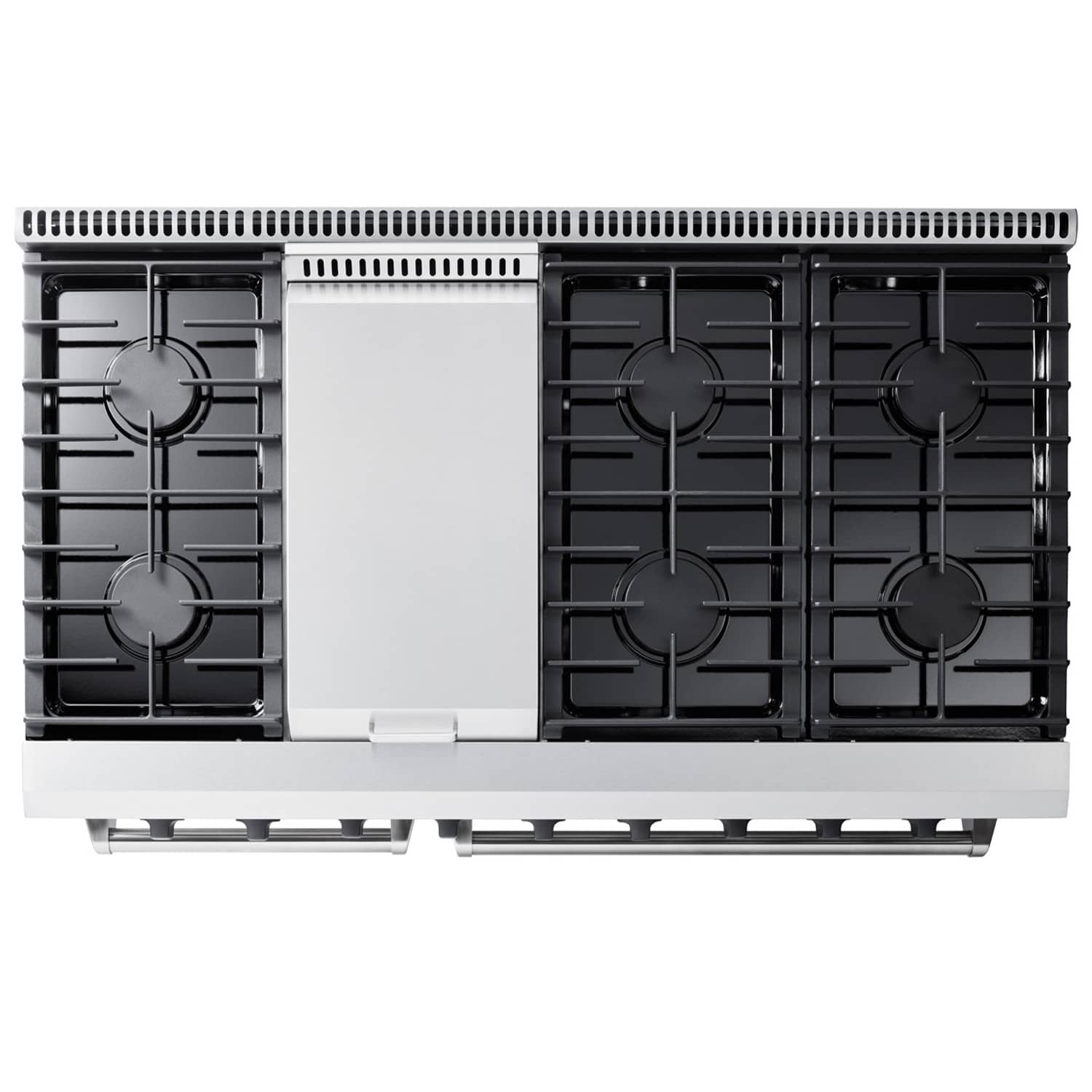 Stainless steel double oven gas range rear view with burner grates and vented surface