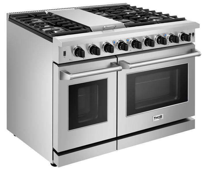 Stainless steel double oven gas range with two side oven windows and front control knobs