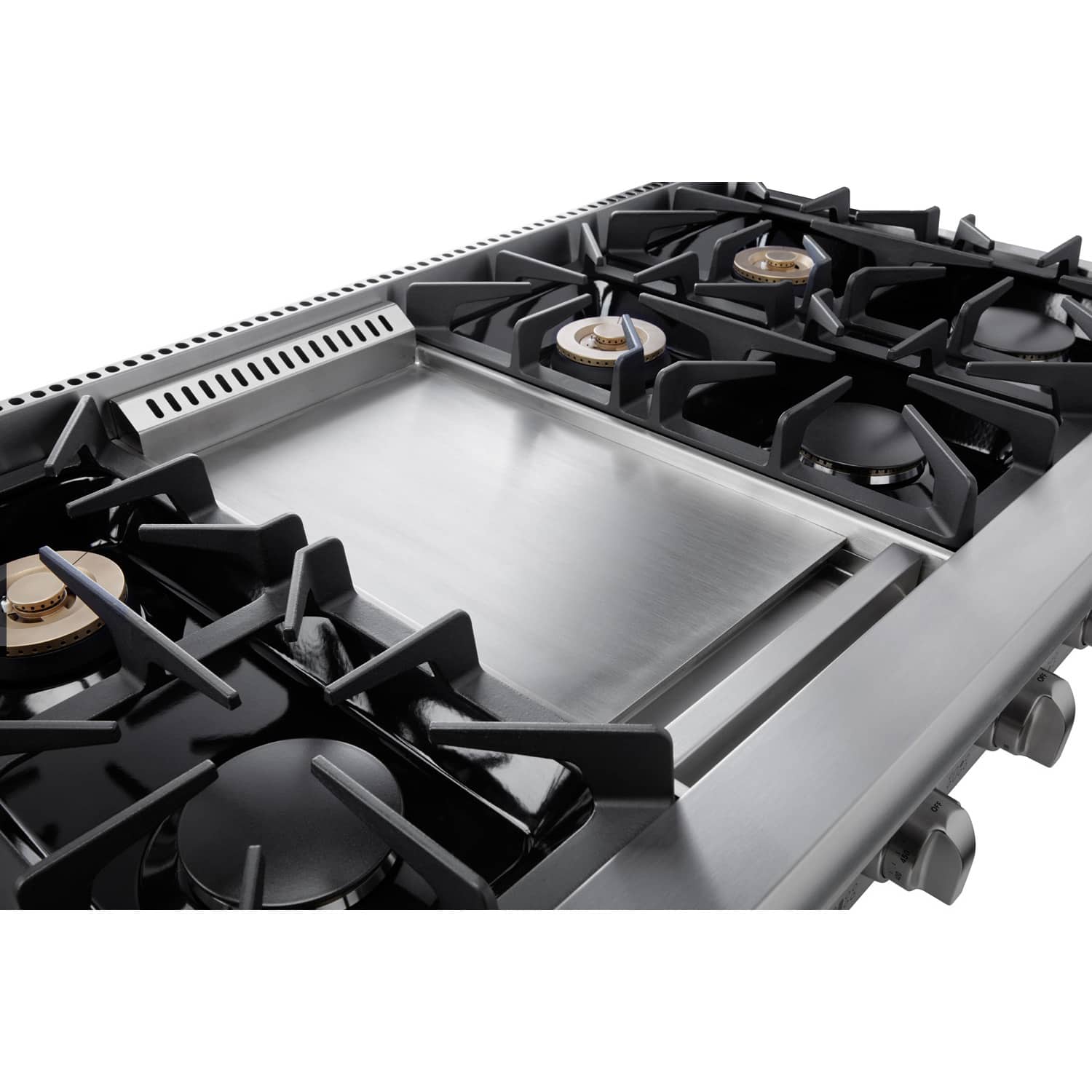 Stainless steel gas cooktop with rectangular griddle section and black burner grates