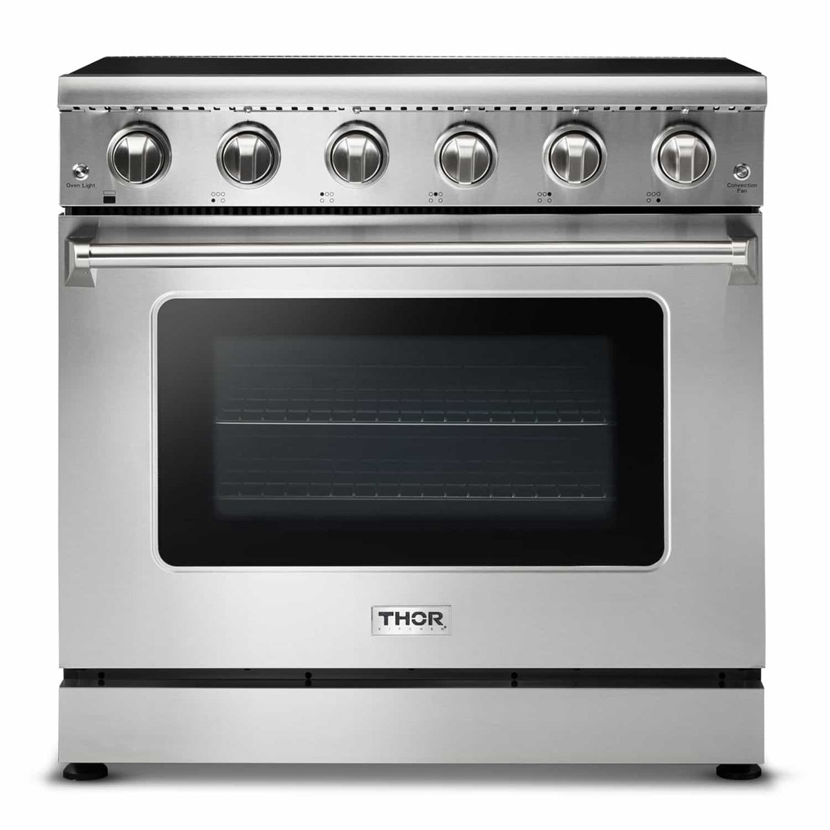 Thor electric range with black oven window and five front control knobs in stainless steel