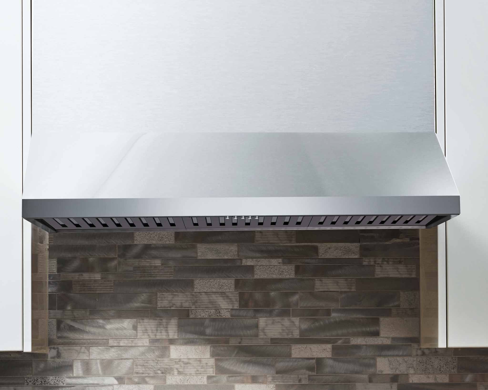 Range hood underside with metal filter grille and vent slots