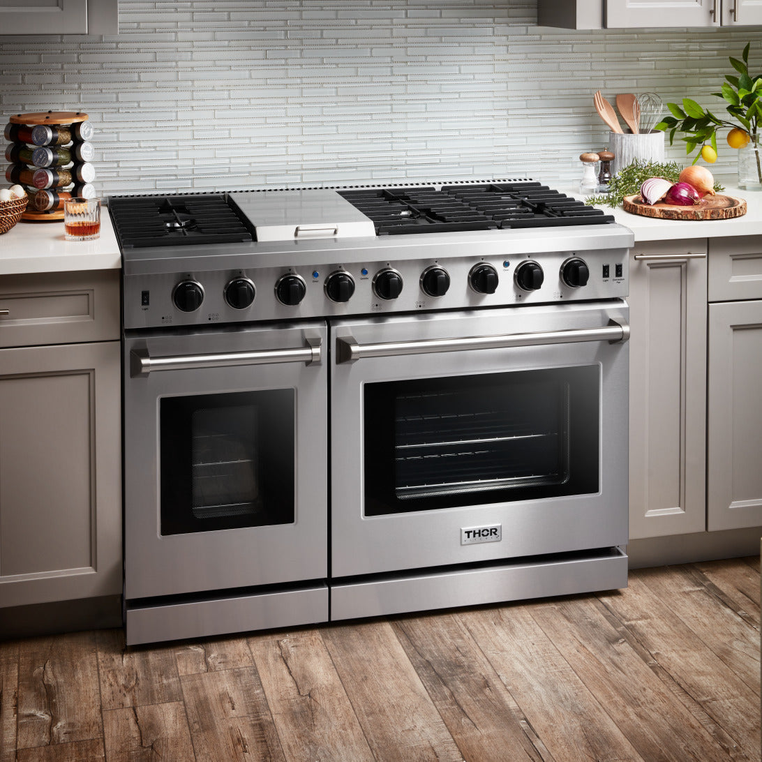 Thor 48-inch gas range front view with six burners and dual ovens