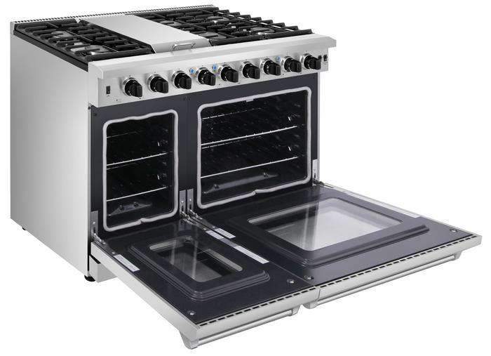 Stainless steel gas range with open oven door and pull-out lower drawer