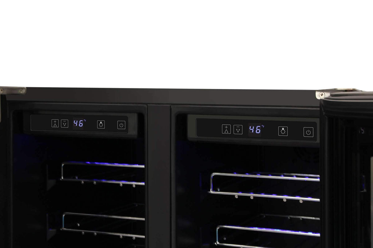 Wine cooler control panel with digital display and blue LED interior lighting