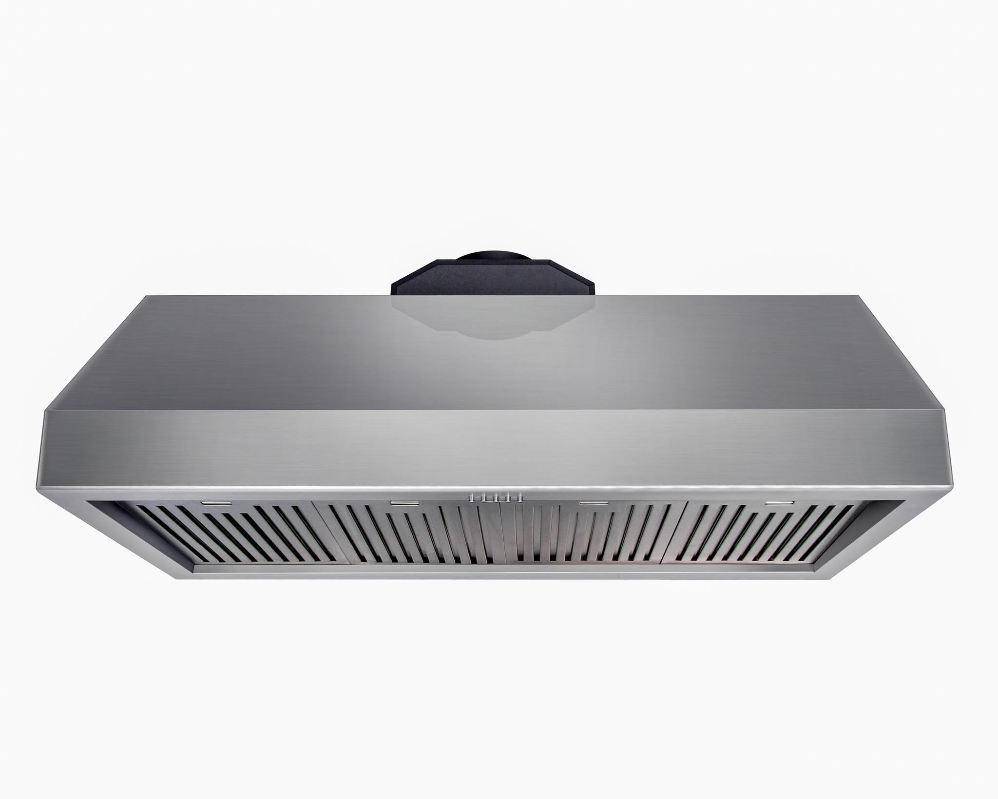 Stainless range hood with vent cover and underside grille
