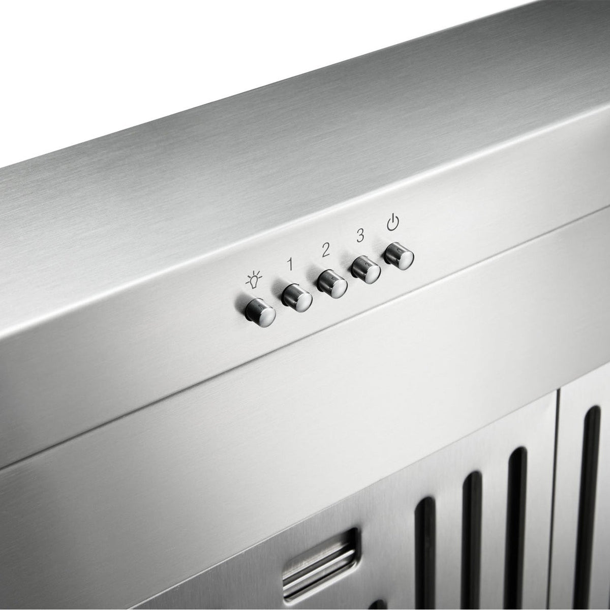 Stainless steel range hood control panel with four rotary knobs and power button
