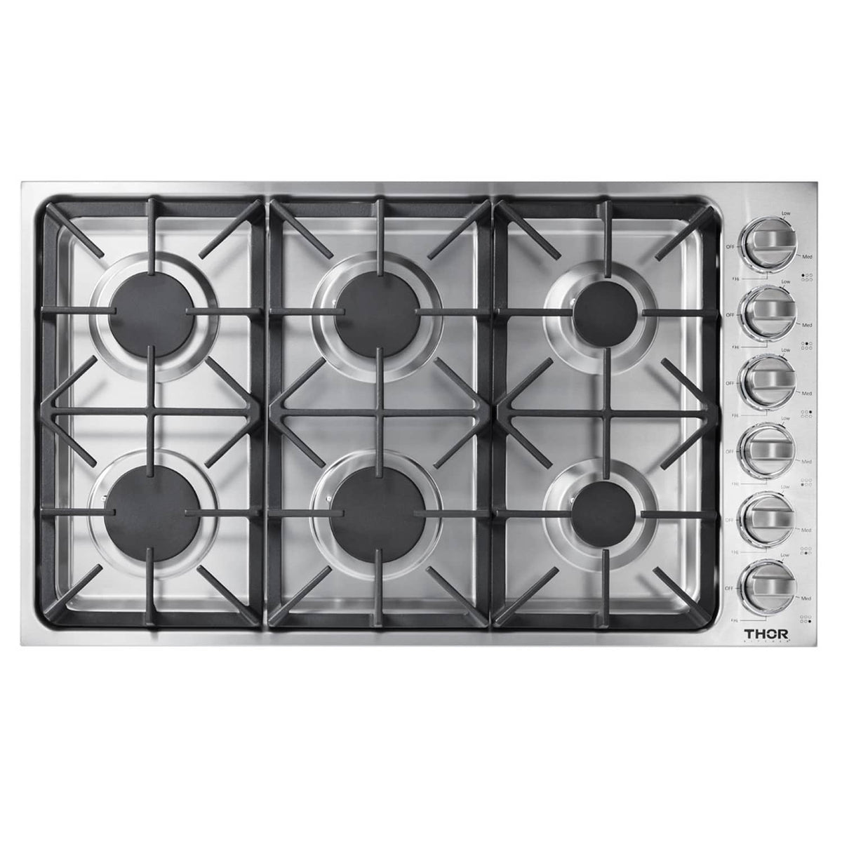 Stainless steel gas cooktop with six round burners and black cast-iron grates