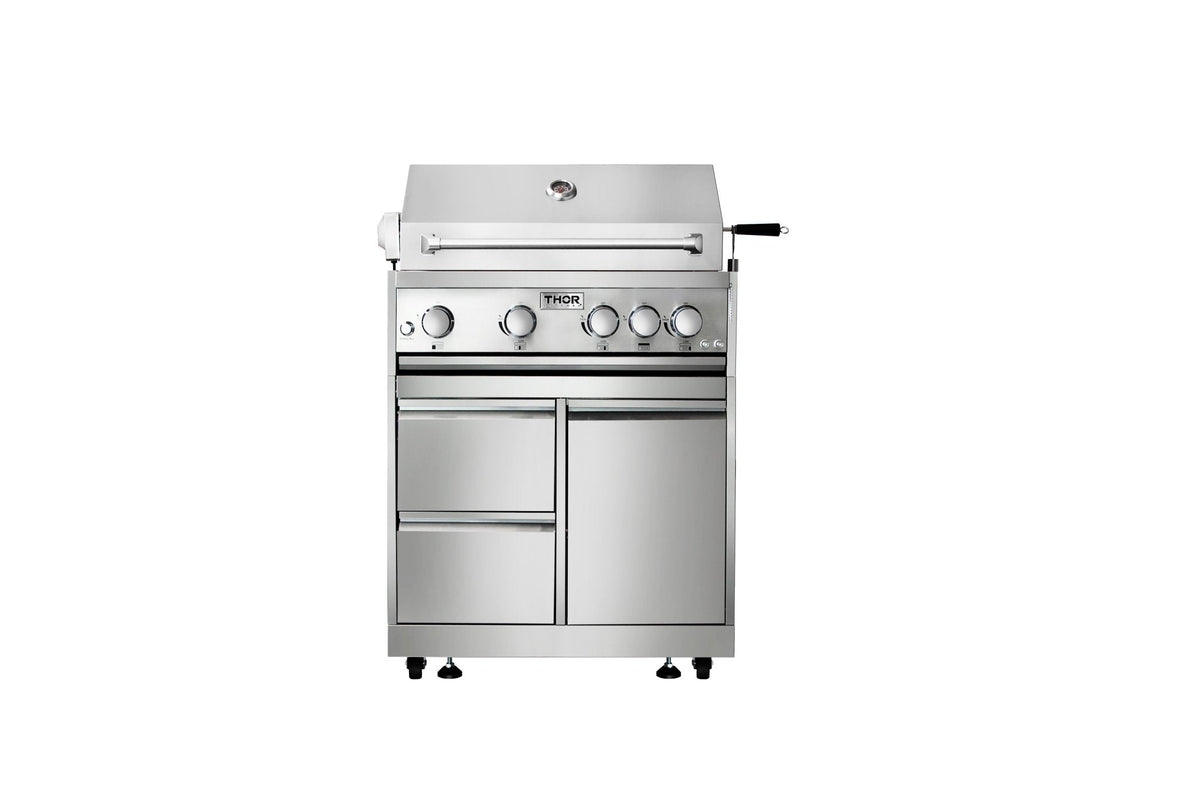 Outdoor stainless steel grill cart with cabinet doors and control panel