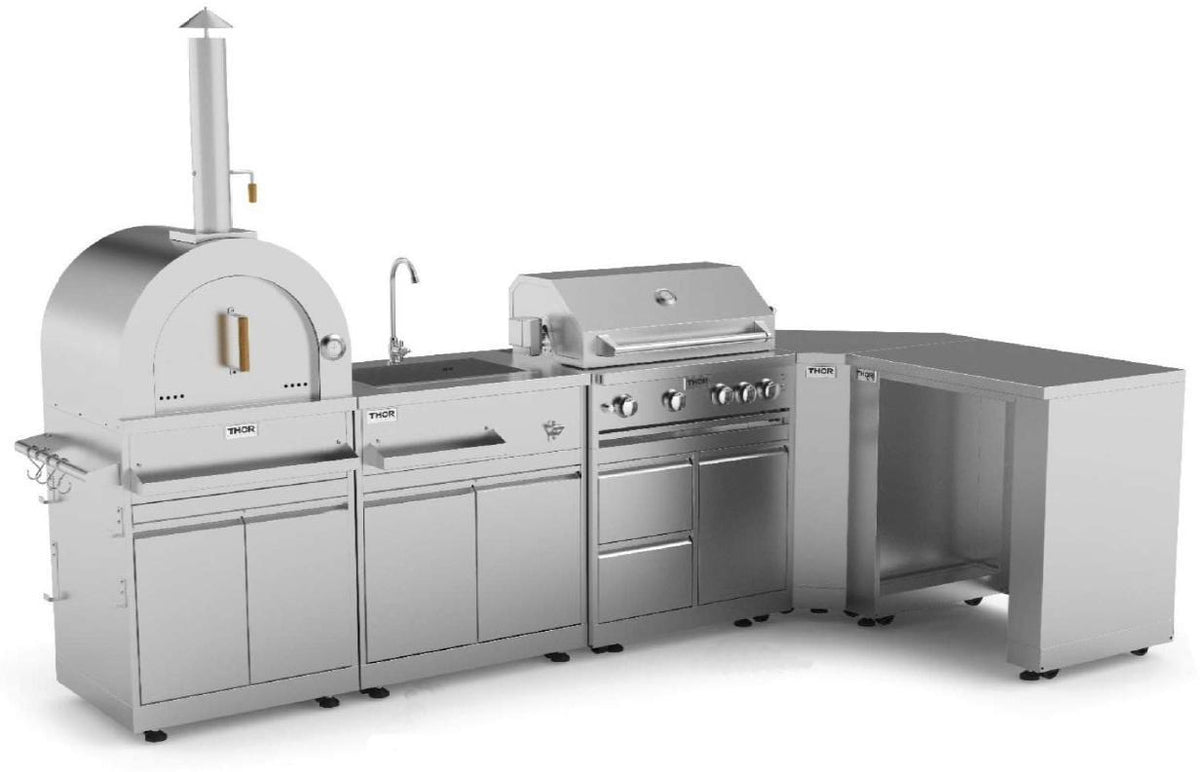 Outdoor modular grill station with side burner and side cabinet, rounded oven