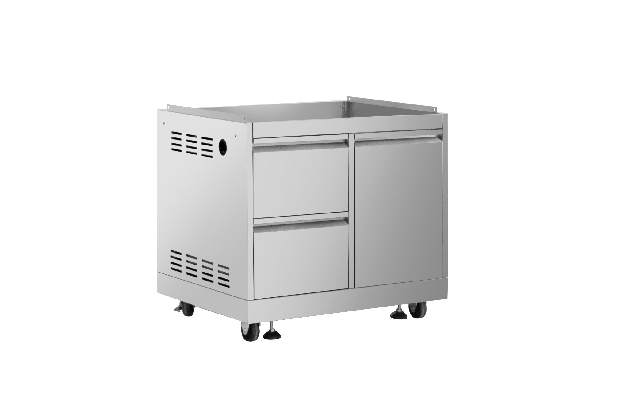 Outdoor stainless grill cart base with two cabinet doors and vent panels