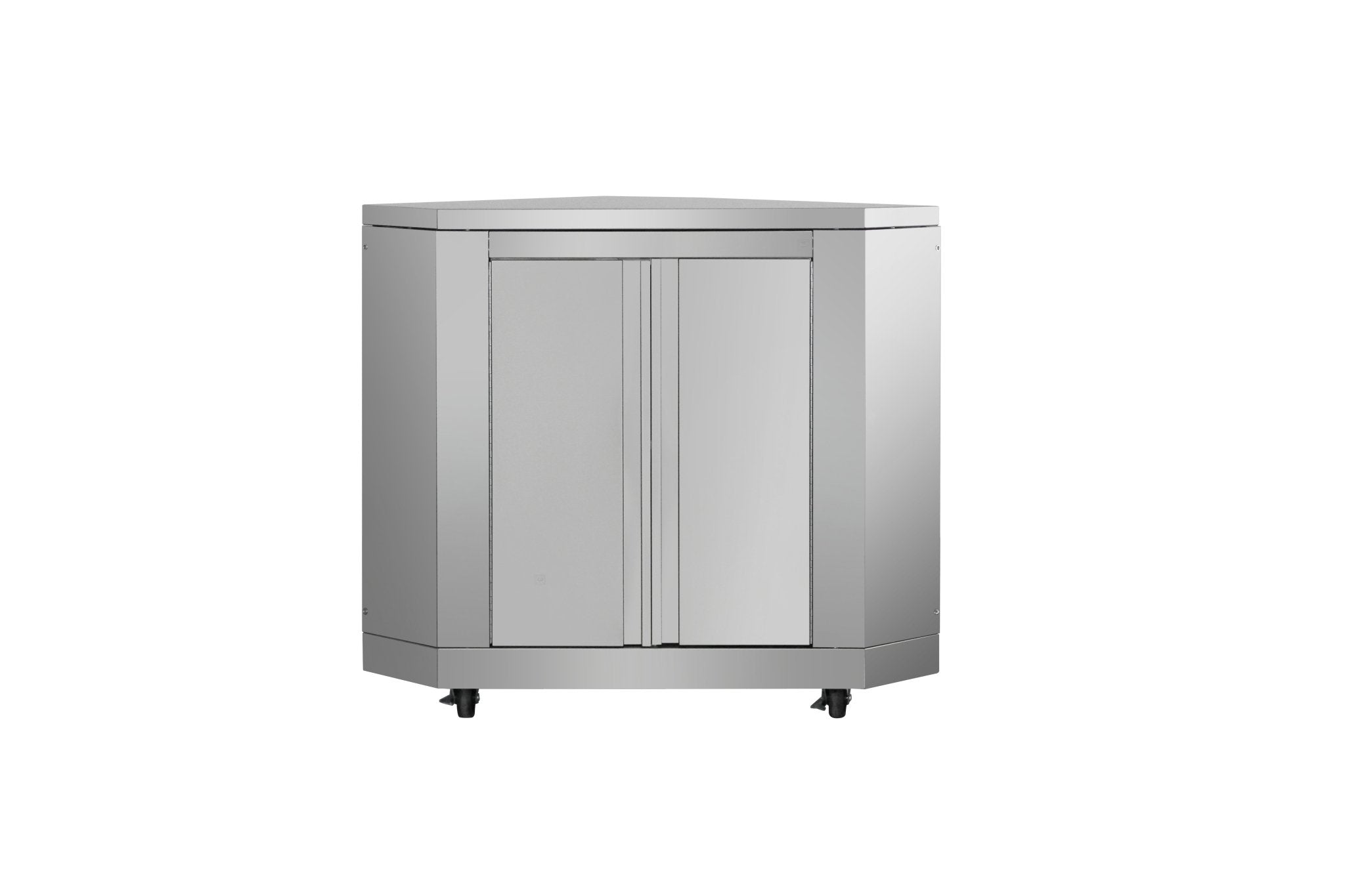 Stainless steel outdoor corner base cabinet with two hinged doors on caster feet