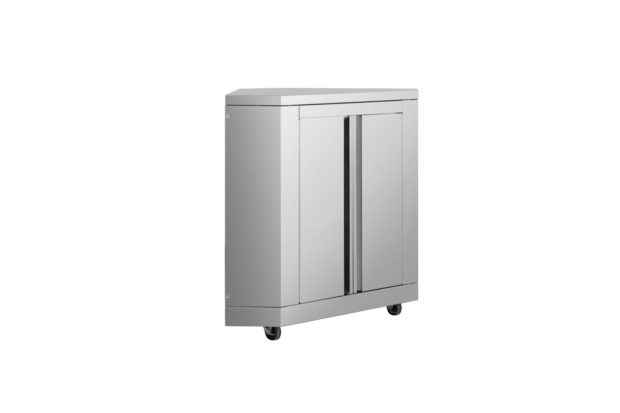 Stainless steel corner cabinet module with two vertical doors and a center handle