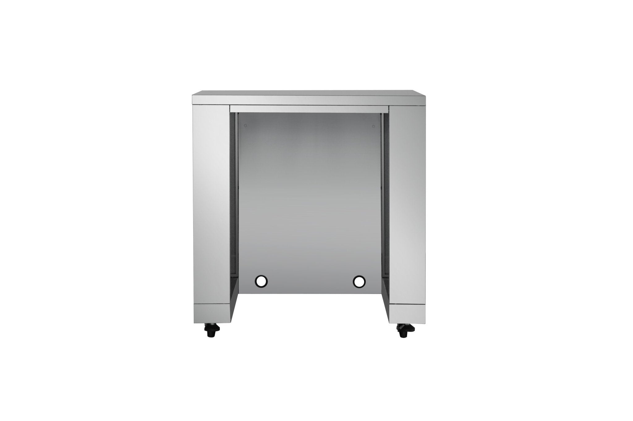 Stainless outdoor refrigerator cabinet module with open front doors, caster base