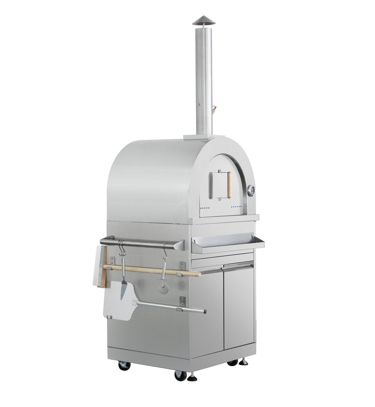 Outdoor wood-fired pizza oven on wheels with chimney and side loading shelf