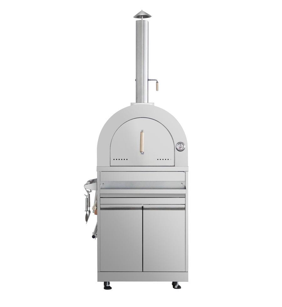 Outdoor pizza oven with circular dome door, chimney stack, and two-door storage cabinet