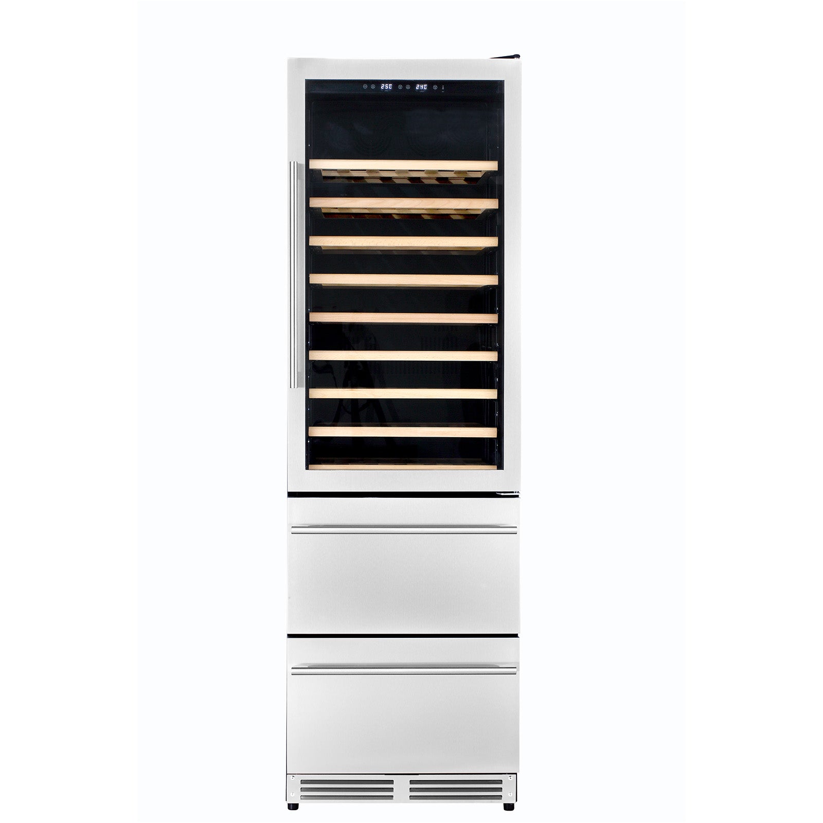 Dual-zone wine and beverage cooler with white exterior, glass door, and wooden shelves