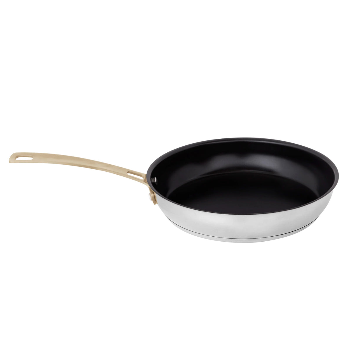 Black nonstick skillet with stainless exterior and gold-tone handle