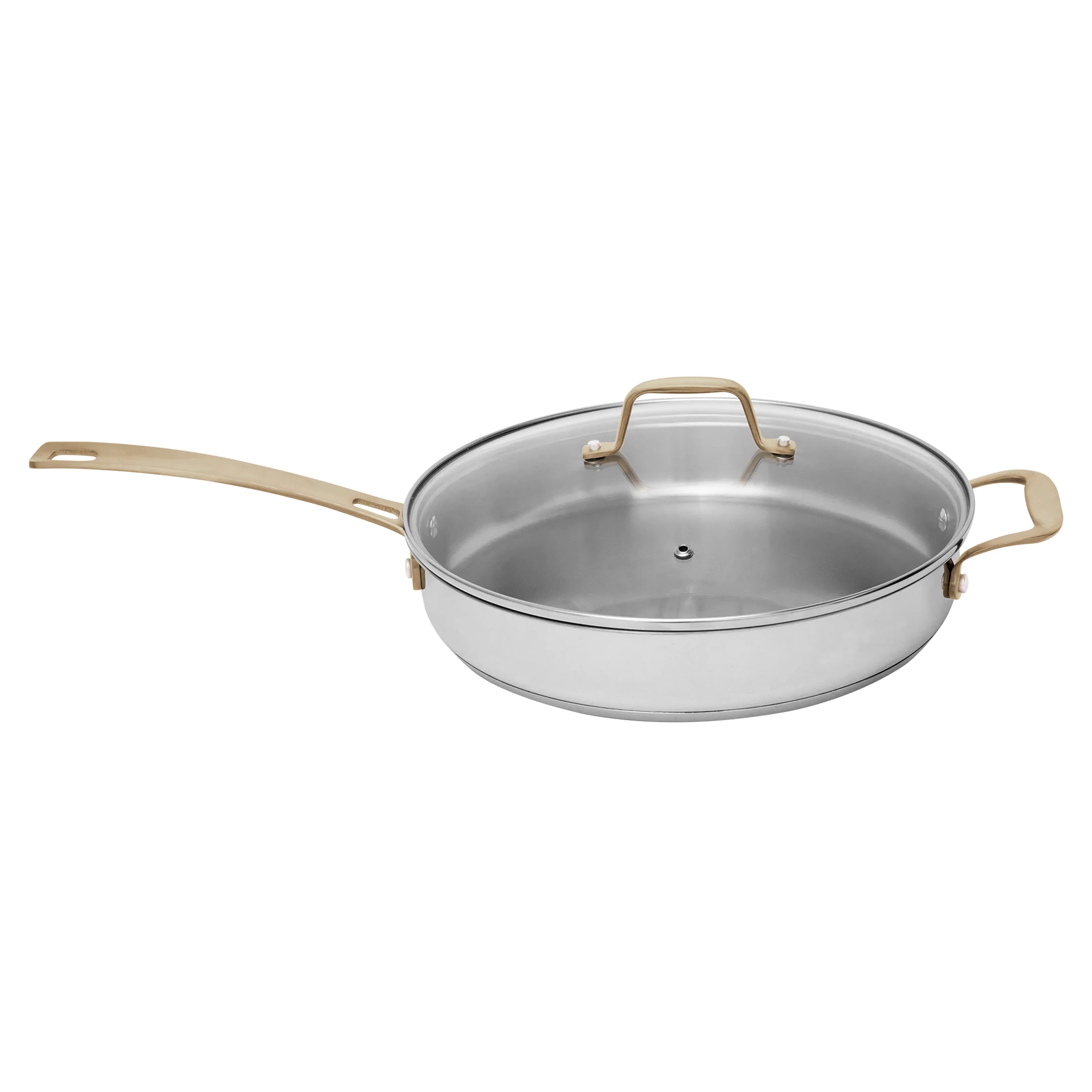 Stainless steel skillet with lid and gold-tone handles