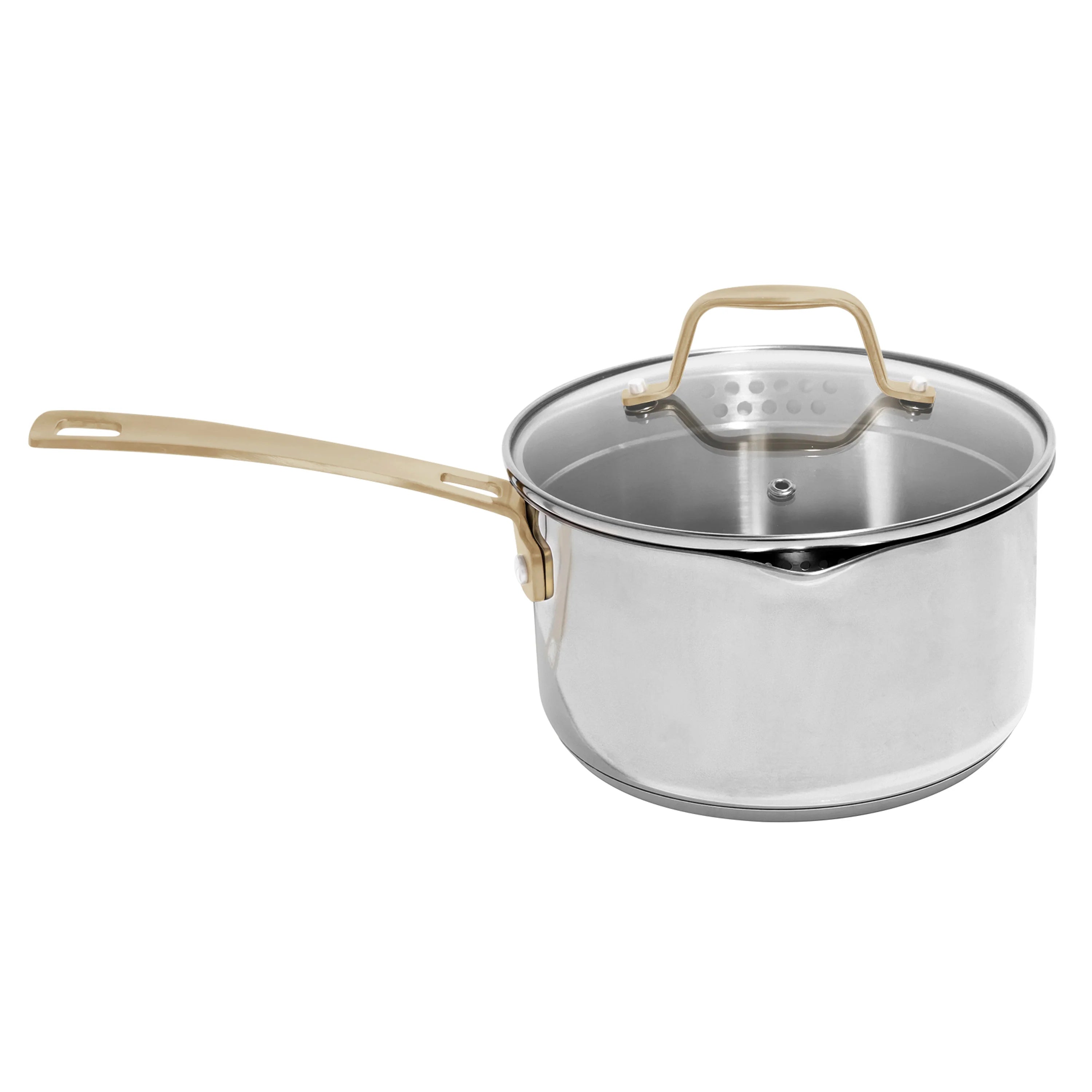 Stainless steel saucepan with lid and long gold-tone handle, stainless exterior