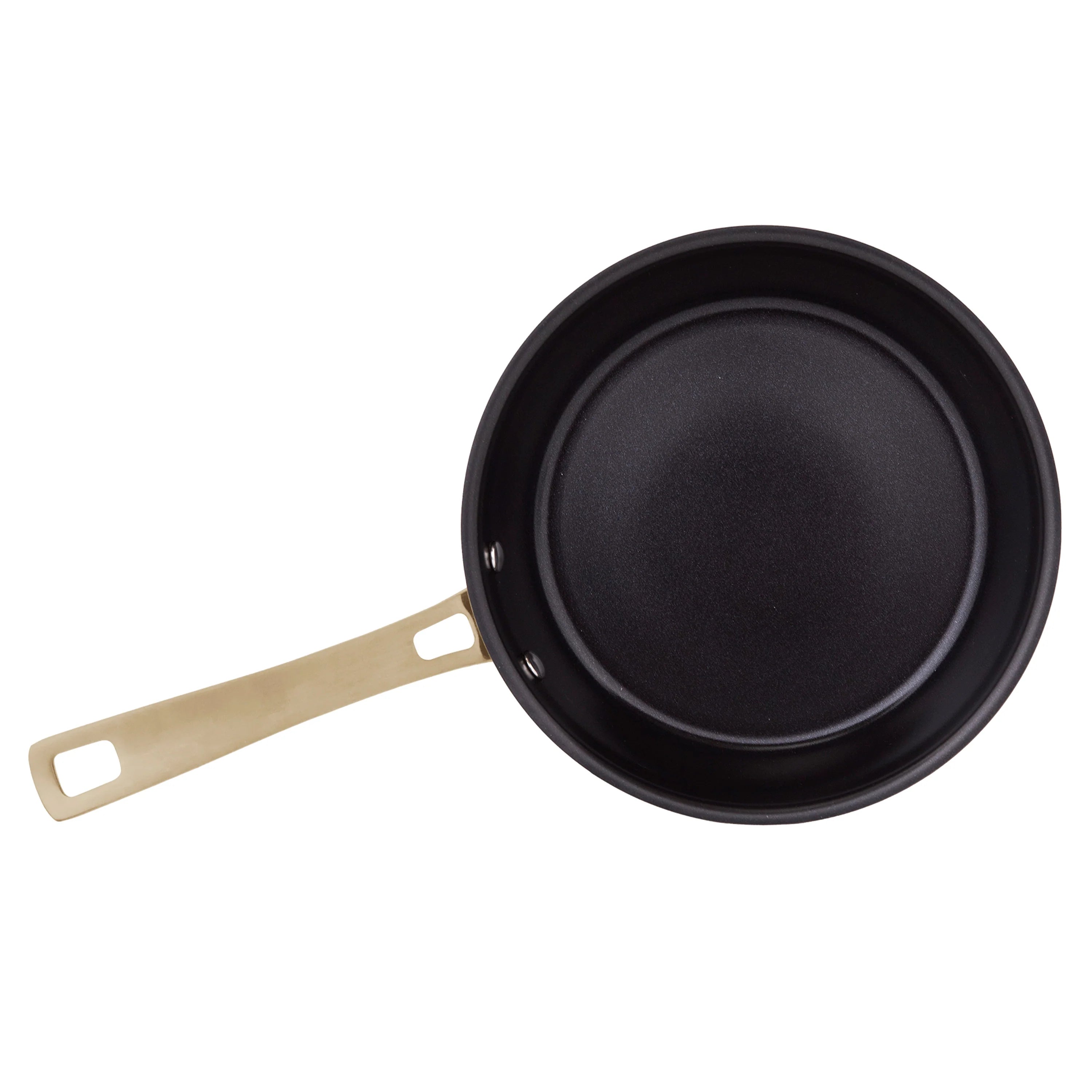 Nonstick black frying pan with stainless rim and flat gold-tone handle
