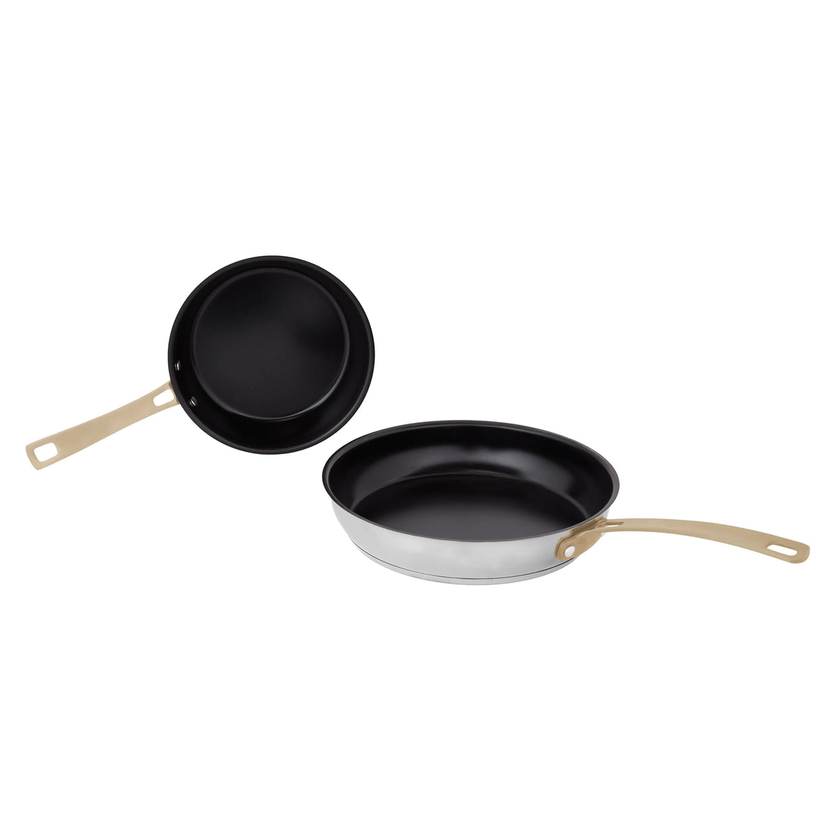 Black nonstick frying pan with stainless exterior and gold-tone handle